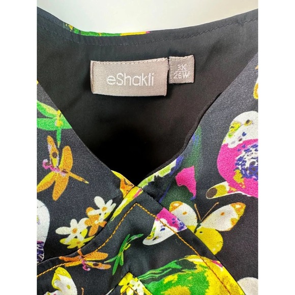 Eshakti Floral Butterfly Bird Dress V-Neck Cap Sleeve A-Line Plus Size 3X 26W - Picture 5 of 16